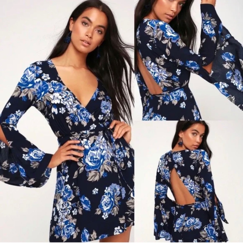 Lulu’s Once and Floral Navy Blue Bell Sleeve Open Back Mini Dress- Medium